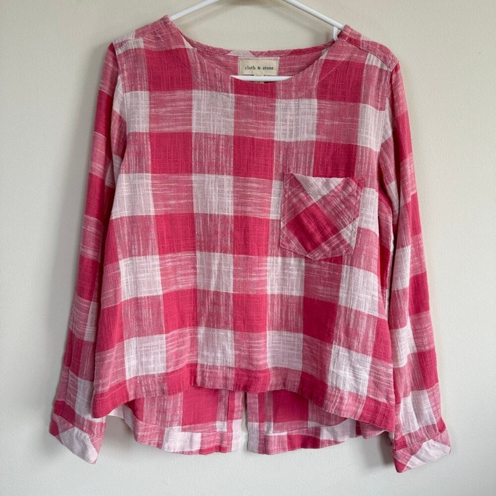 Cloth & Stone Linen Blend Picnic Gingham Plaid Shirt Button Back Pink White S